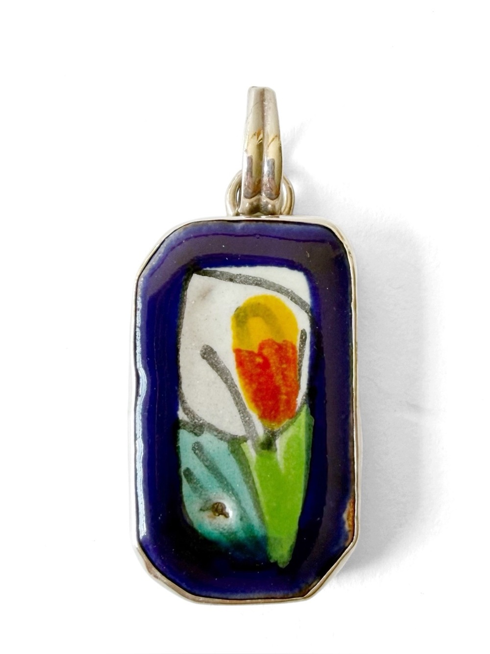 Hand Painted Floral Ceramic Pottery Pendant Sterling Silver 925 Rectangular